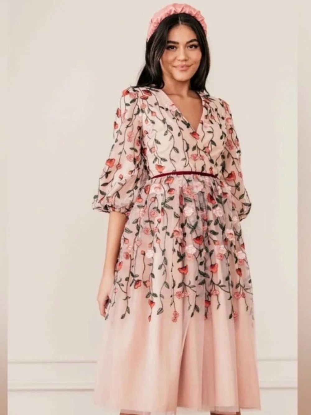JessaKae Blush Floral Embroidered Maxi Dress with Red Tie